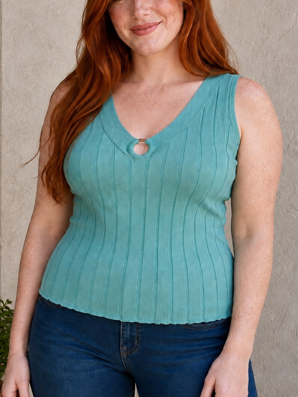 NWT Axcess Liz Claiborne Teal Ribbed Ring Tank Top Size L